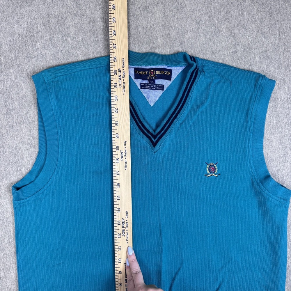 Vintage Tommy Hilfiger Golf Sweater Vest Men L Teal Crest V Neck 100% Cotton - Picture 5 of 9